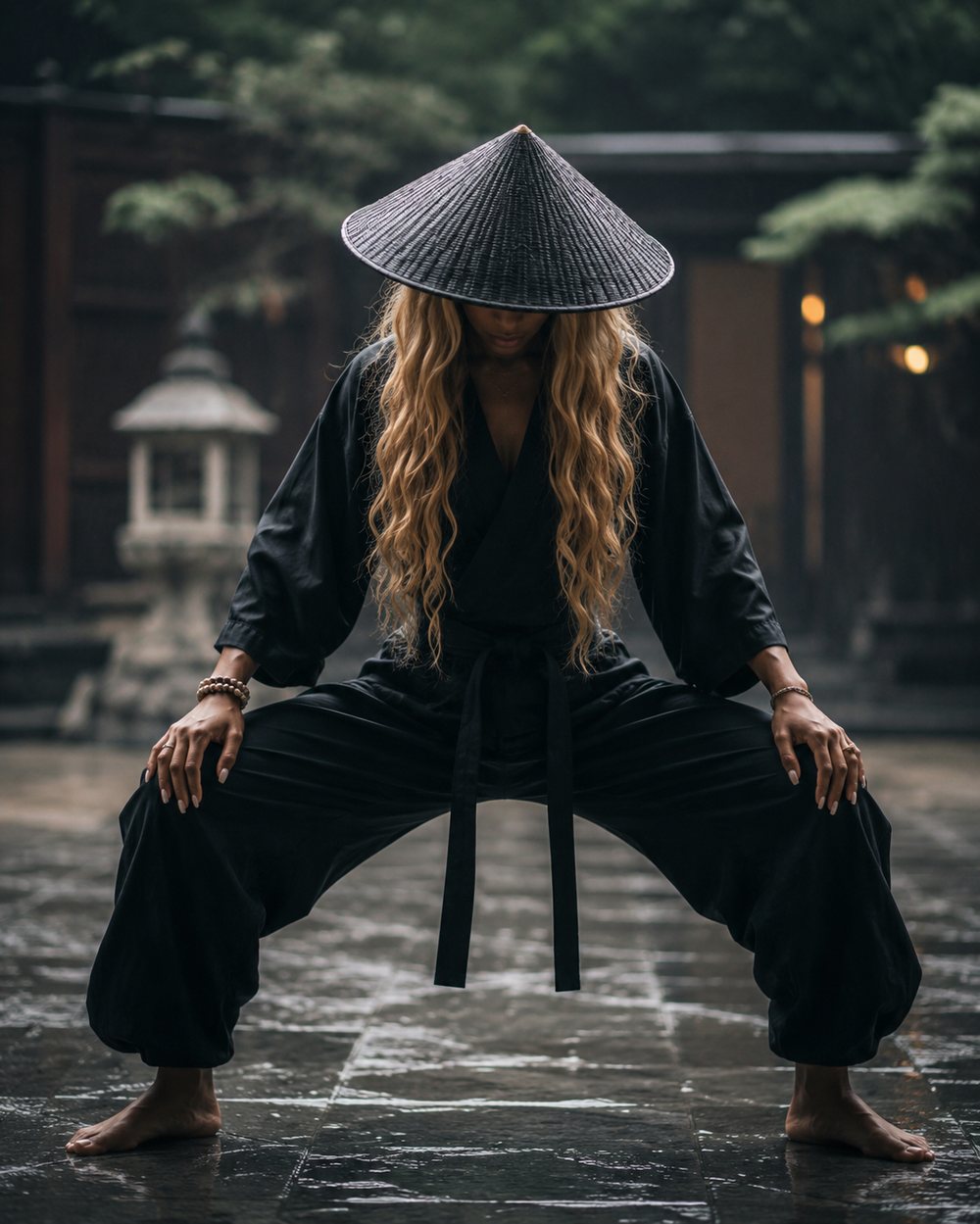 Octavia the Great in a black kimono and conical hat, in a horse stance on wet stone